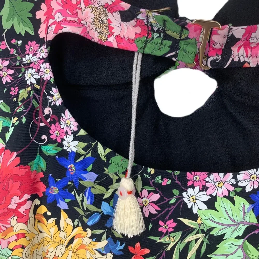 Johnny Was Sz M Metalli Notte Floral One Piece Swimsuit Keyhole Black Lined